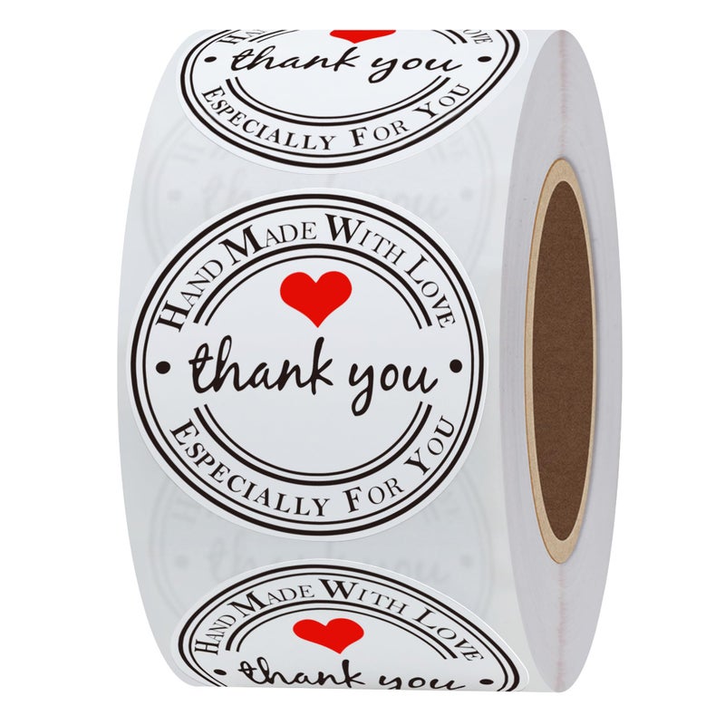 Hybsk White Gloss Thank You Hand Made with Love with Red Heart Stickers 1.5" Inch Round Total 500 Adhesive Labels Per Roll (White Gloss) - Image 1